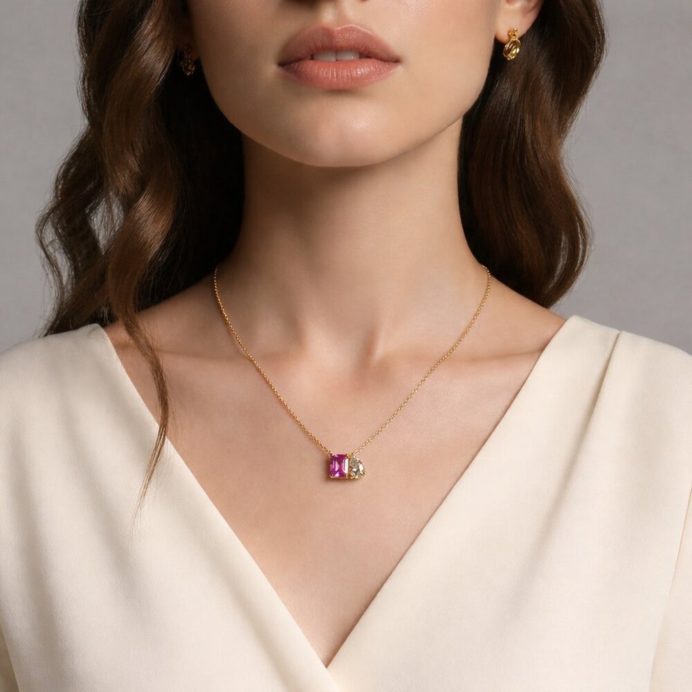 Aurate New York Toi et Moi Gemstone Necklace - Pink Tourmaline & White Topaz - Picture 2 of 5